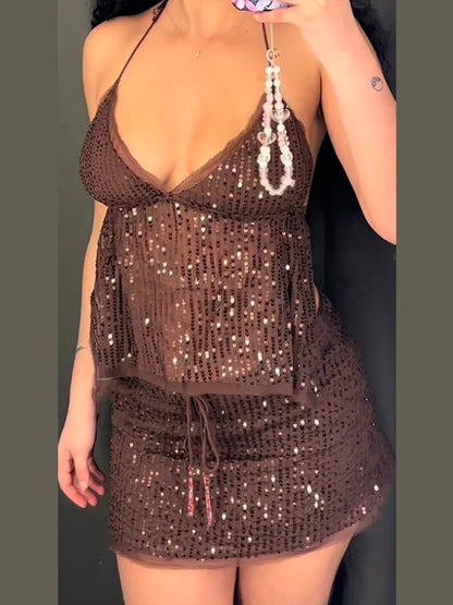 Sequin Off Shoulder Lace Mini Two Piece Set