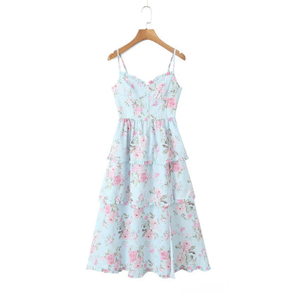 Print Cross Lacing up Back Slit Midi Dress