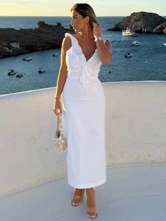 Lace-up Ruffle A-Line Midi Dress