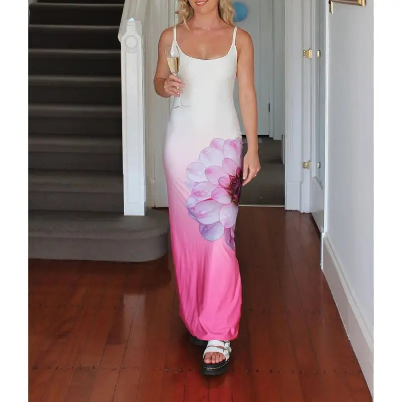 Tie-dye Floral Backless Bodycon Vacation Dress