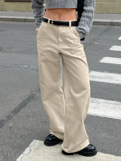 Khaki Classic Wide Leg Pant Women High Waist Pocket Loose Simple Trouser Autumn Winter Streetwear Fashion Casual Pants New