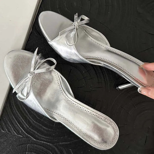 Summer Pink Butterfly-knot Woman Slippers with Elegance Stripper Thin Low Heels