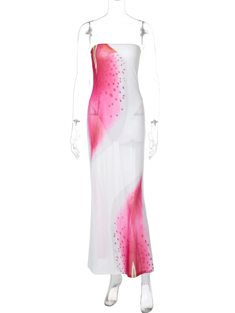 Mesh Floral Print Off-shoulder Long Dress