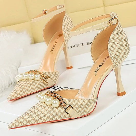 Checkered Pattern Women Sandals with Pearl Metal Chain Kitten Heels