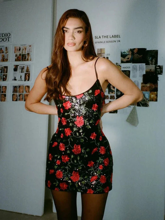 Rose Sequins Splice Sleeveless Mini Dress