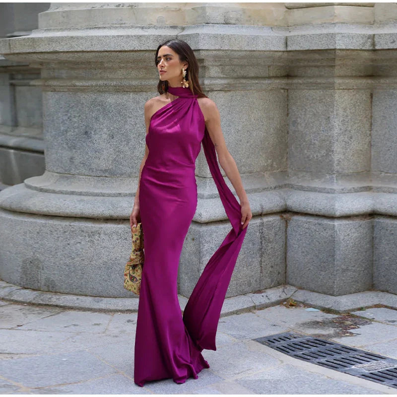 Satin Ribbon Halter Backless Maxi Dress