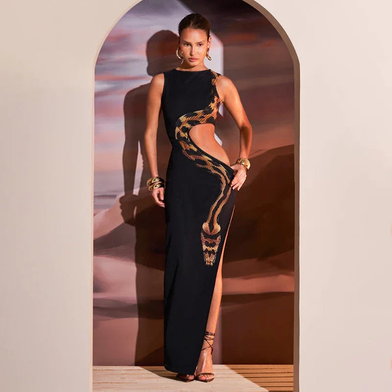 Snake Print Hollow Slit Maxi Dress