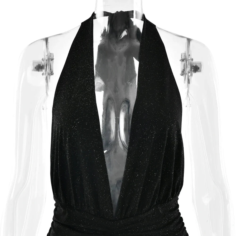 Glitter Bright Silk High Slit Halter Dress