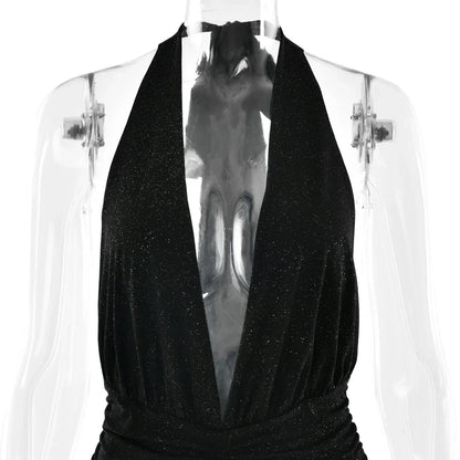 Glitter Bright Silk High Slit Halter Dress