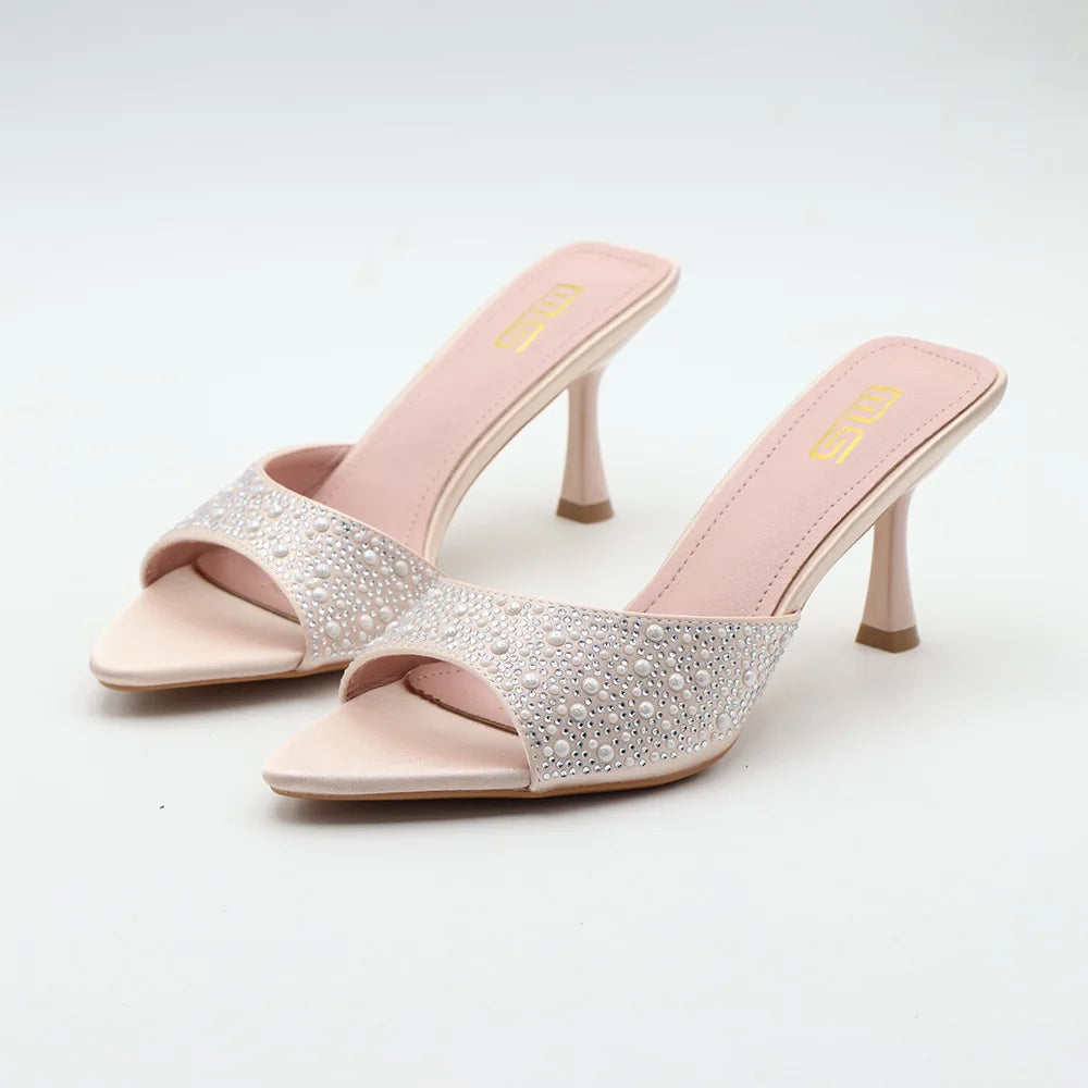 High heeled fishmouth slippers with rhinestones for summer