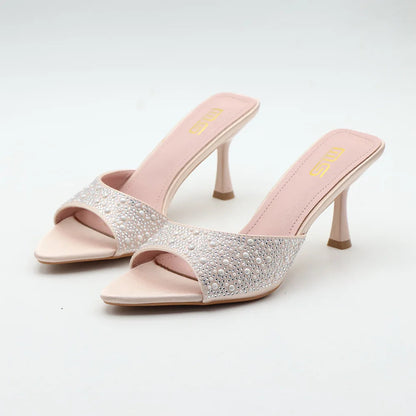 High heeled fishmouth slippers with rhinestones for summer