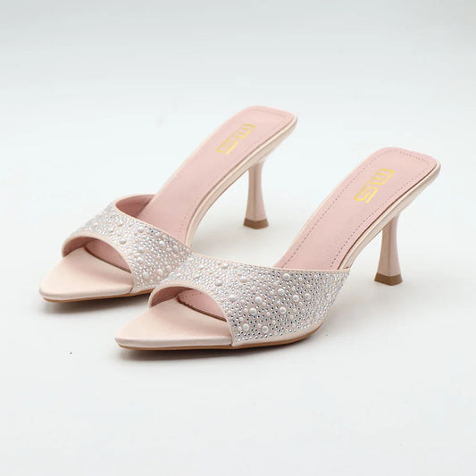 High heeled fishmouth slippers with rhinestones for summer