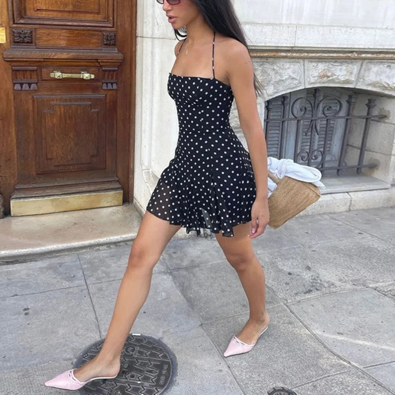 Polka Dot Lace Up Halter Mini Dress
