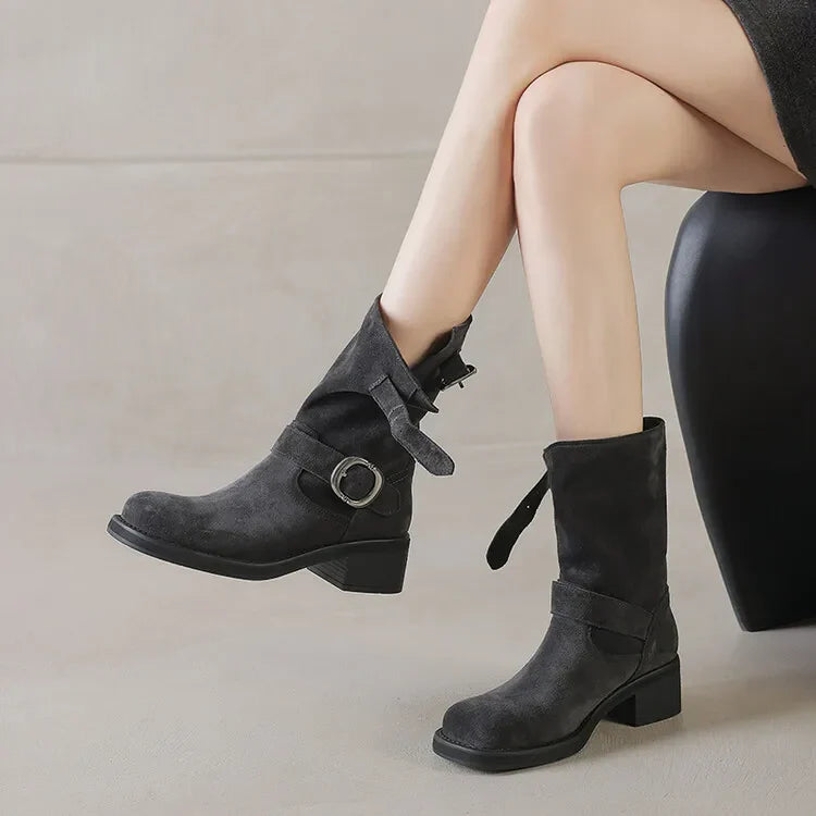 | Suede Buckle Boots in Black