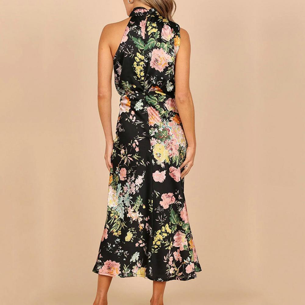 Floral Print Halter Draped Neck Bias Cut Midi Dress