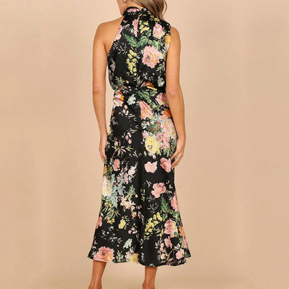 Floral Print Halter Draped Neck Bias Cut Midi Dress