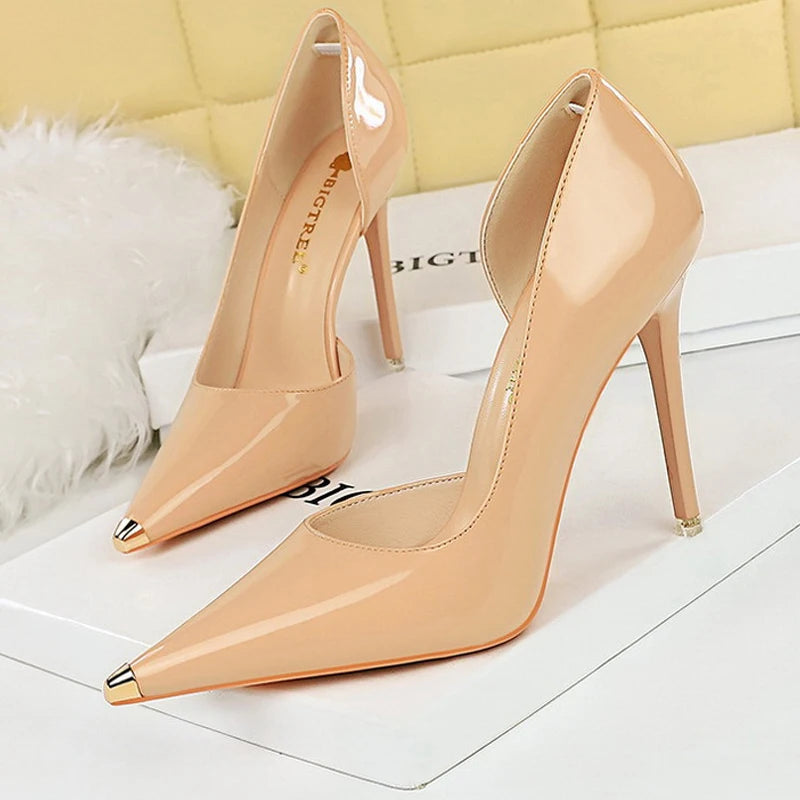 Black Patent Leather High Heel Metal Pointed Pumps for Women - Sexy Party Stilettos