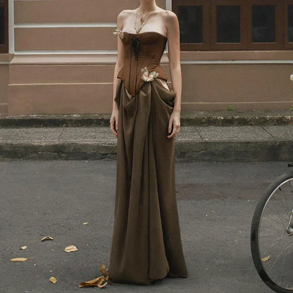 Lace Up Corset Butterfly Applique Draped Waist Maxi Skirt Set