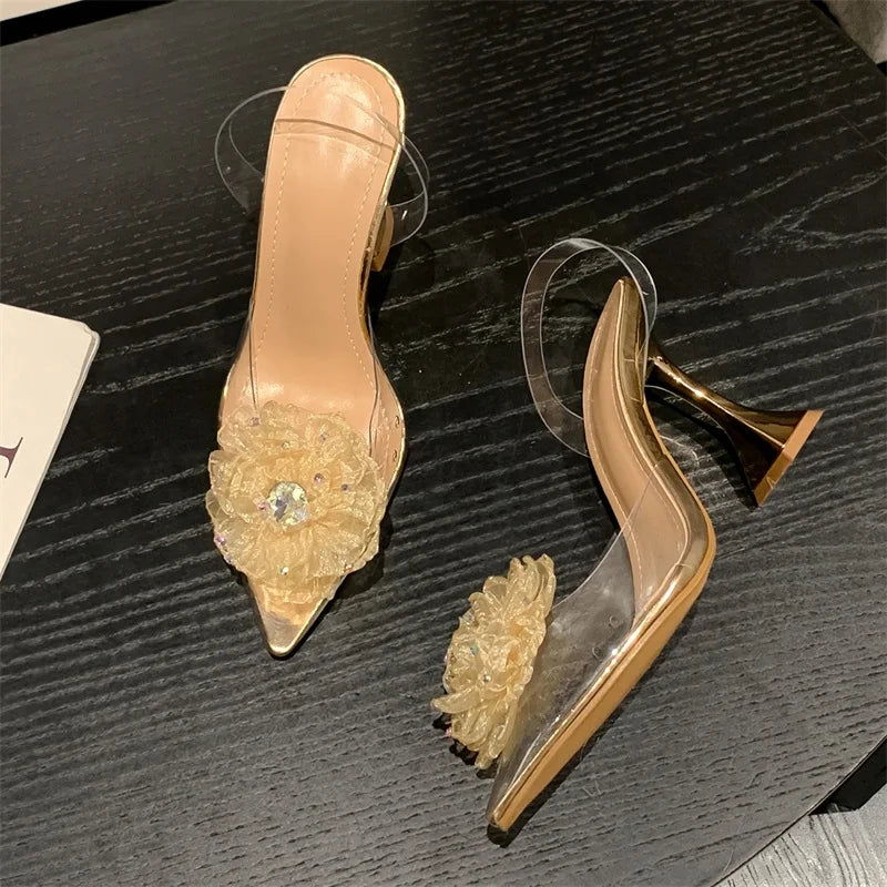 Crystal Flower Designer Women Pumps with Transparent High Heels