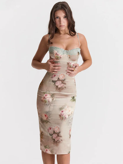 Spaghetti Strap Lace Print Bodycon Vacation Dress