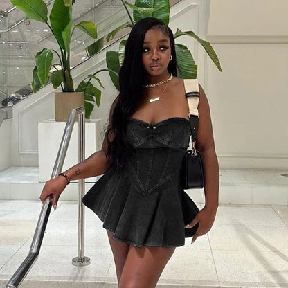 Denim Strapless A Line Mini Dress