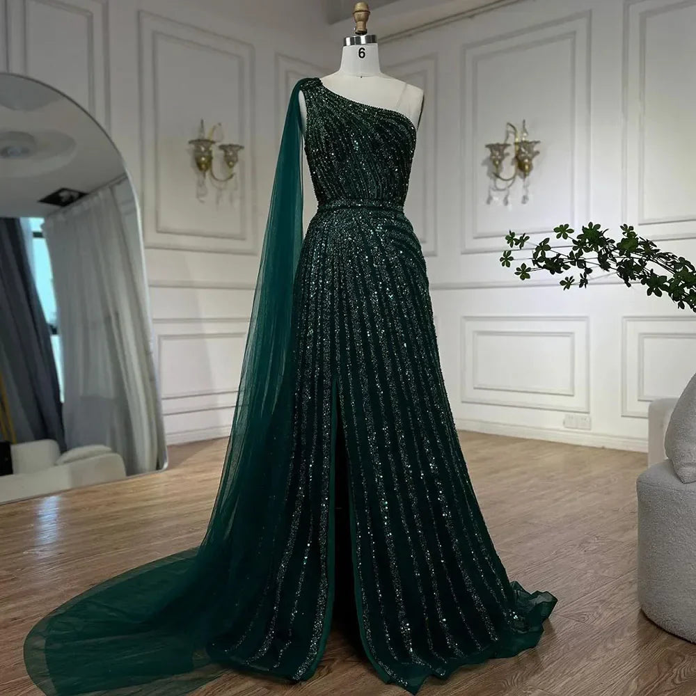 One-Shoulder Cape Sleeve Beaded Evening Dresses