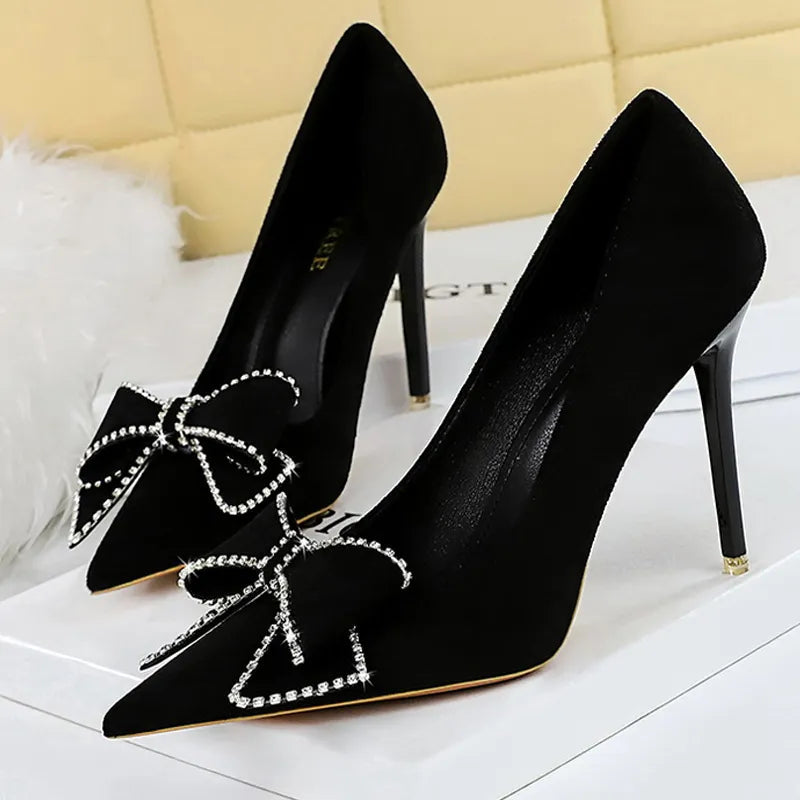 Rhinestone Bowknot Suede High Heels for Women - Sexy Party Shoes