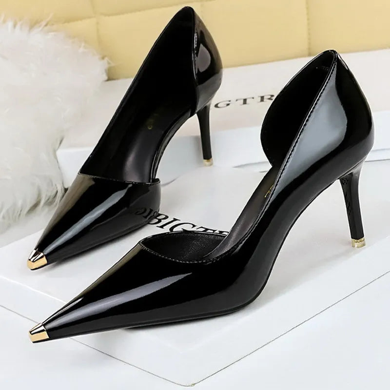 Black Patent Leather High Heel Metal Pointed Pumps for Women - Sexy Party Stilettos