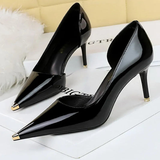 Patent Leather Women Pumps with Metal Tip High Heels 7 cm and 10.5 cm