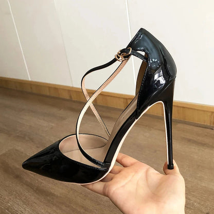 White Glossy Patent Cross Strap Stiletto Pumps for Women