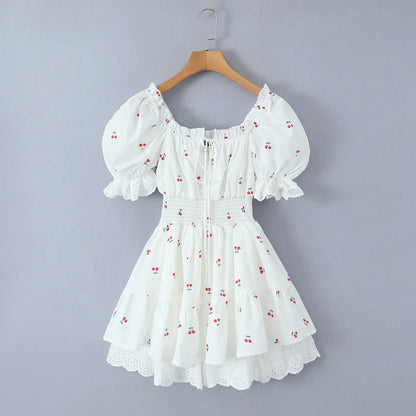 Print Puff Sleeve Ruffles Lace-up  Mini Dress