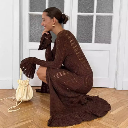 Flare Sleeve Slim Fit V Neck Knitted Boho Dress