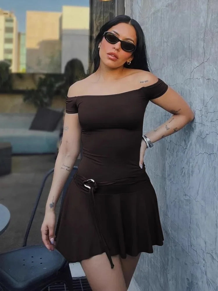Off Shoulder Ruched Waist Ring Buckle Lace Up Pleated Mini Dress