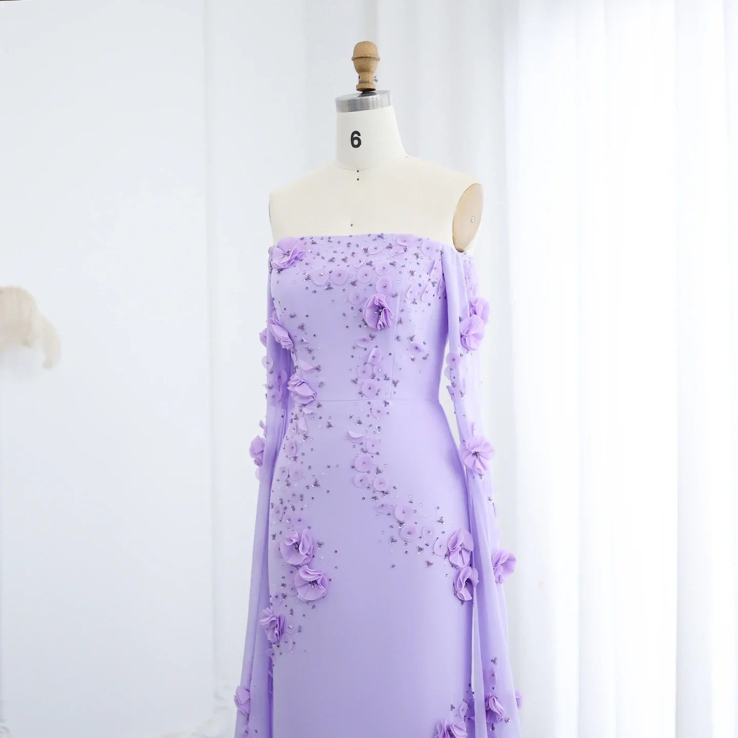 Off-Shoulder Lilac 3D Flowers Evening Dress with Cape Sleeves