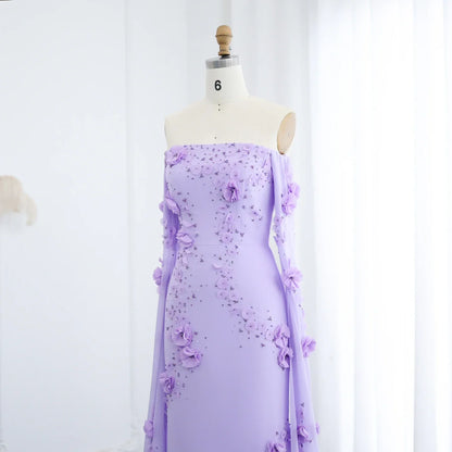 Off-Shoulder Lilac 3D Flowers Evening Dress with Cape Sleeves