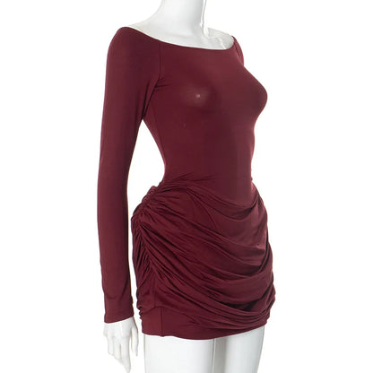 Pleated Off-Shoulder Long Sleeve Mini Dress