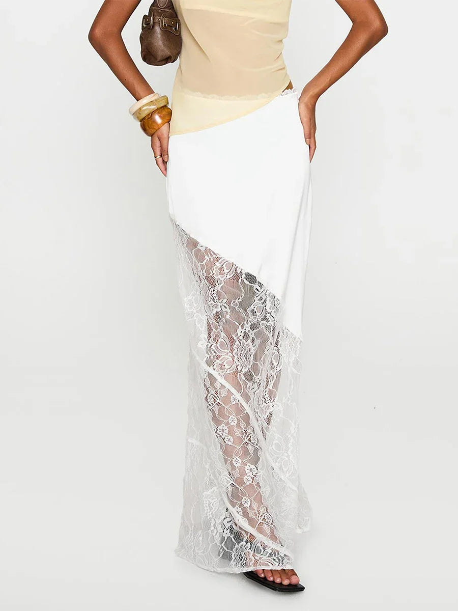 Patchwork Lace Asymmetric Midi Skirt