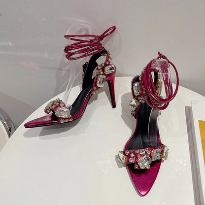 Crystal Diamond Pointed Toe Strappy Heels Women 8.5CM Sandals
