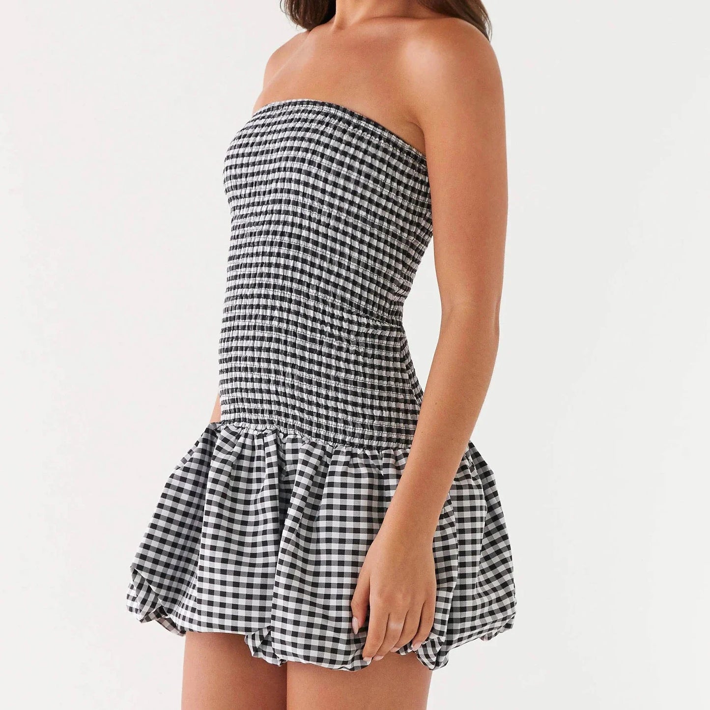 Plaid Gingham Strapless Mini Bodycon Dress