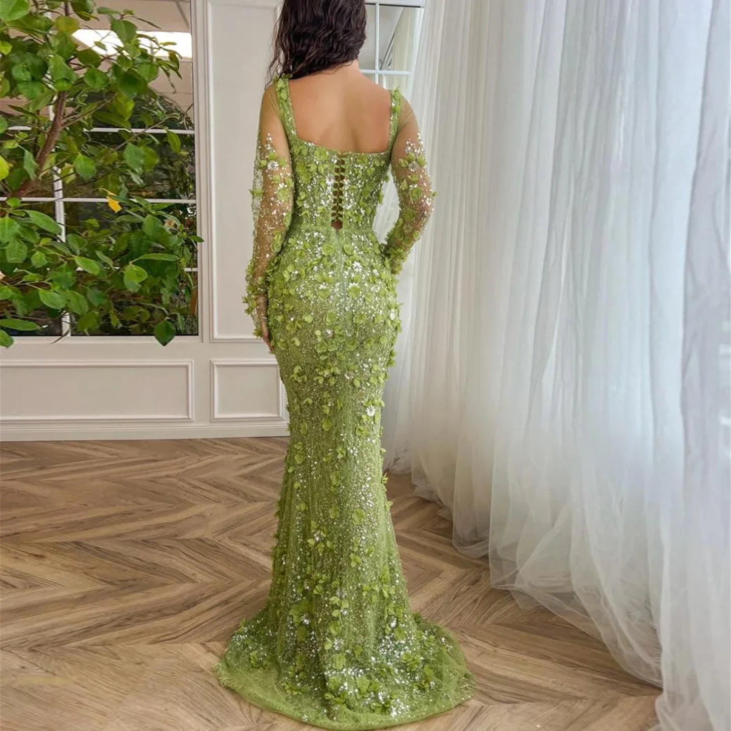 3D Floral Mermaid Evening Dress with Long Sheer Sleeves