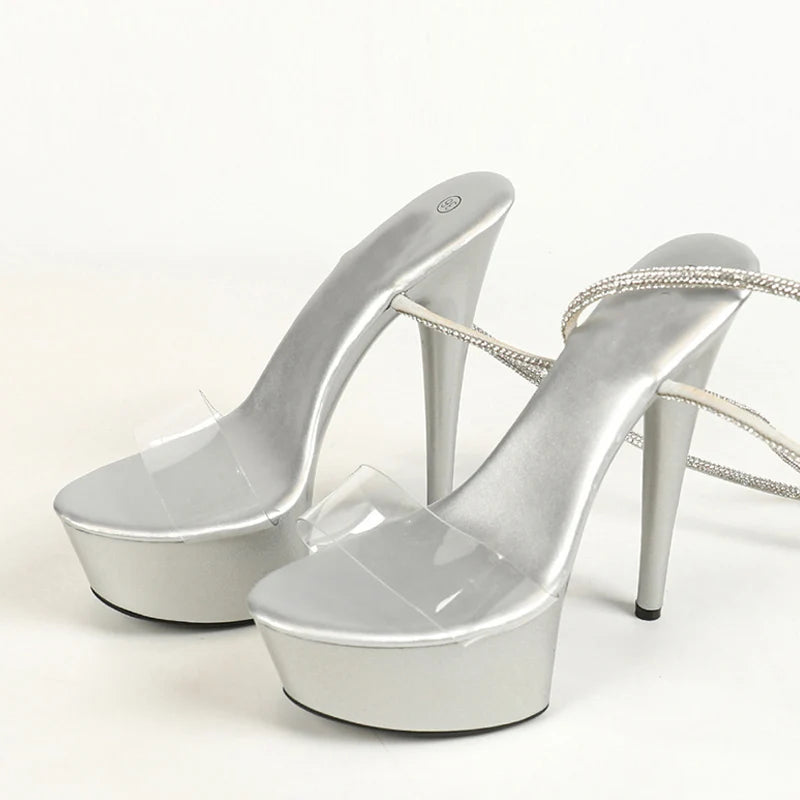 Red Crystal Rhinestone Ankle Strap Transparent Platform Sandals for Women