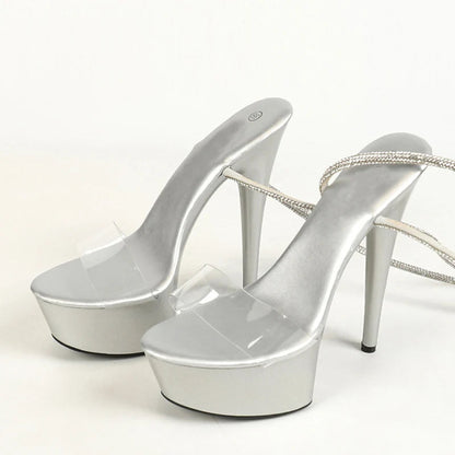 Red Crystal Rhinestone Ankle Strap Transparent Platform Sandals for Women