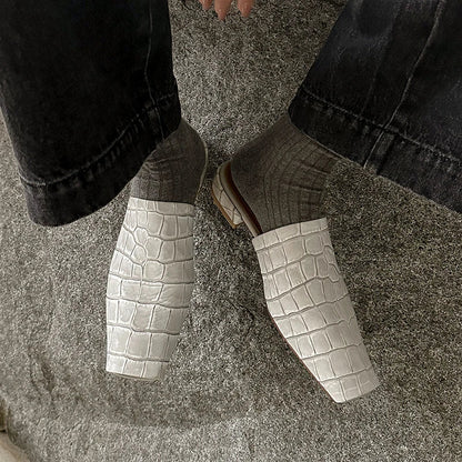 | Leather Croc-Embossed Low Heel Mules