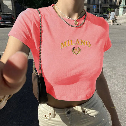 Black Letter Embroidery Crop O-neck T-shirt