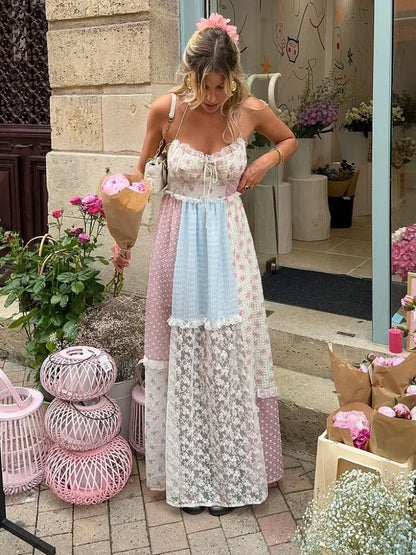Halter Patchwork Floral Lace Panel Ribbon Tie Tiered Maxi Gown