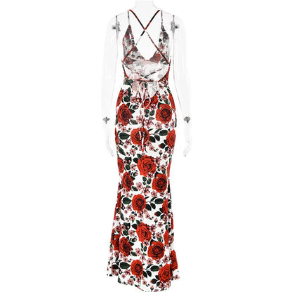 Red Floral Maxi Dress with Cowl Neck & Tie Back