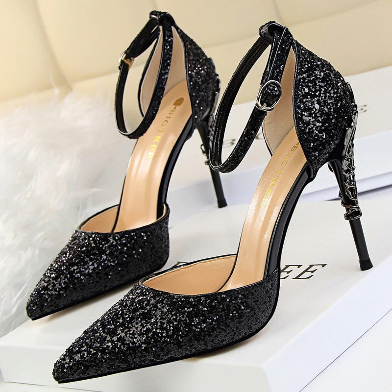 Sequin Wedding Pumps with Metal Decoration - 7.5cm Stilettos