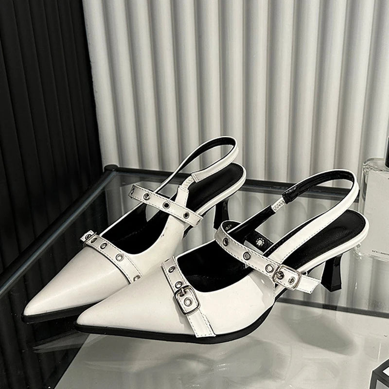 Women's Fashion Metal Buckle Pointed Toe Low Thin Heeled Sandal for Spring and Autumn