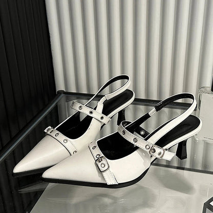 Women's Fashion Metal Buckle Pointed Toe Low Thin Heeled Sandal for Spring and Autumn