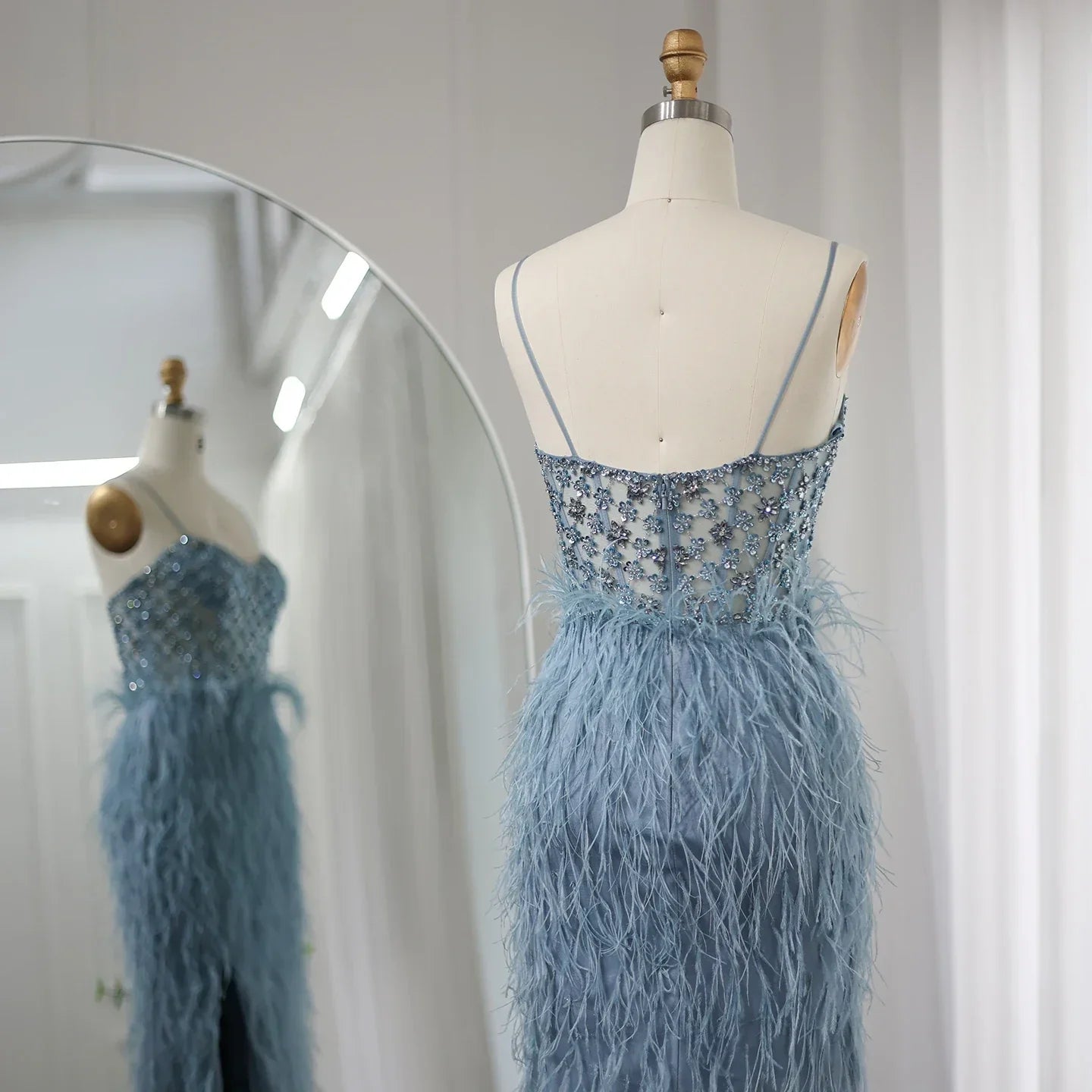 Feathers Spaghetti Straps Side Slit Prom Dress